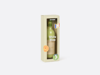 A beige, rectangular box with a clear panel to display socks folded to resemble a bottle of wine