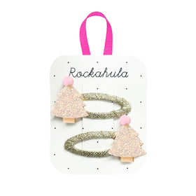 2 pink Christmas tree clips with pink pom poms and an iridescent clip