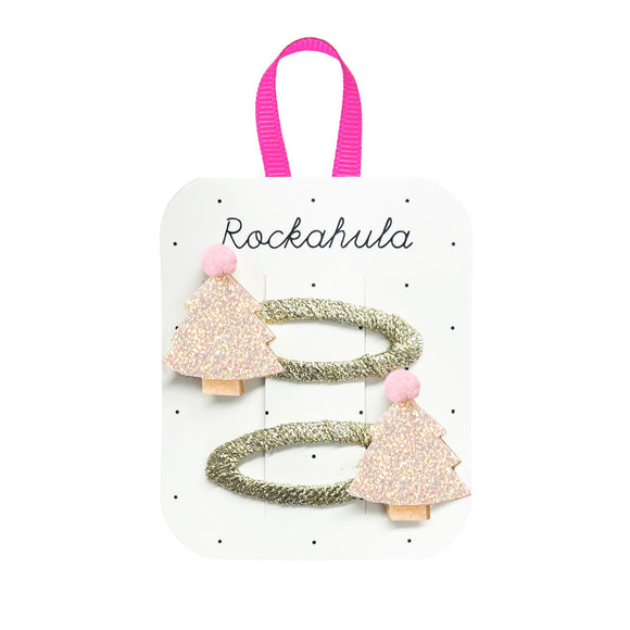 2 pink Christmas tree clips with pink pom poms and an iridescent clip