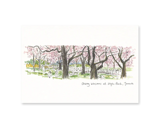 A white card with an illustration of cherry blossom trees at High Park. Underneath in script reads 