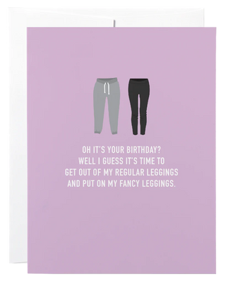 A purple card with 2 pairs of leggings and the words 