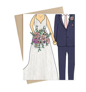 A white card with an illustration of a married couple