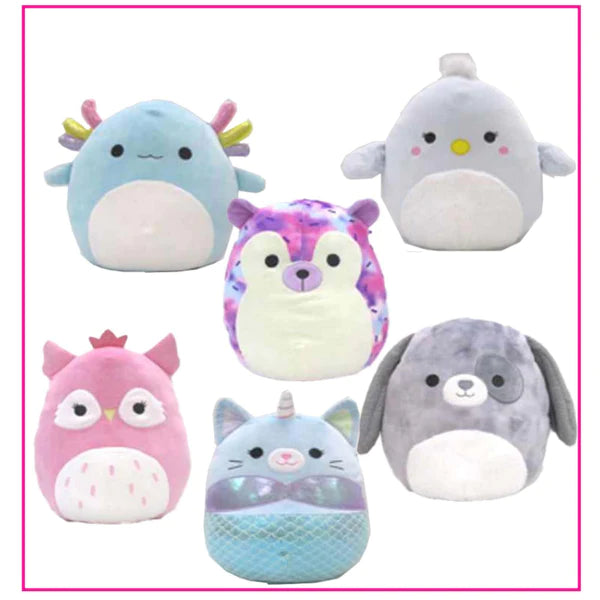A pink owl with a tiara, tie-dye colored hedgehog, light blue penguin, a light blue cat-unicorn hybrid, a grey dog, and a light blue sea creature with different colored fins