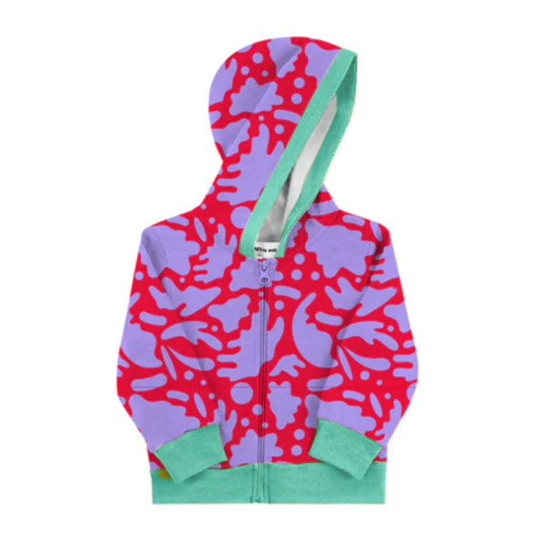 Red hoodie with blue cuffs and purple splotches 