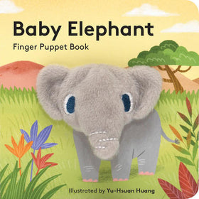 A book with an elephant sitting in a safari. The head of the elephant is a finger puppet