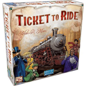 Brown and white box with a steam train in the background surrounded by five people in the foreground.
