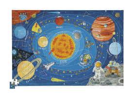 The Sun is in the center with Mercury, Mars, Venus, and Earth closely orbiting it followed by Uranus, Jupiter, Neptune and Saturn. An astronaut lands on the moon in the bottom right corner