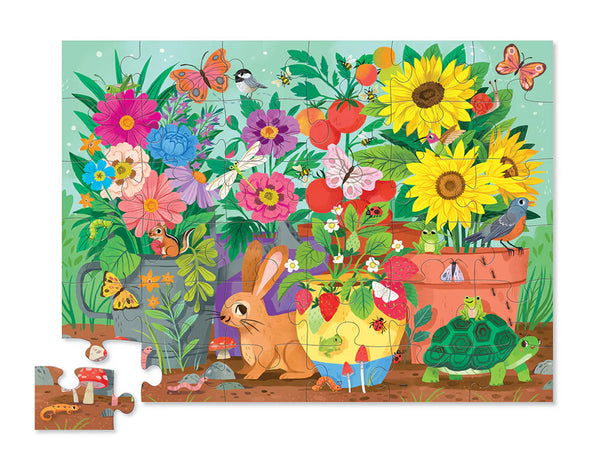 A bunny and a turtle with a frog on its back walk by large planters filled with different flowers and butterflies