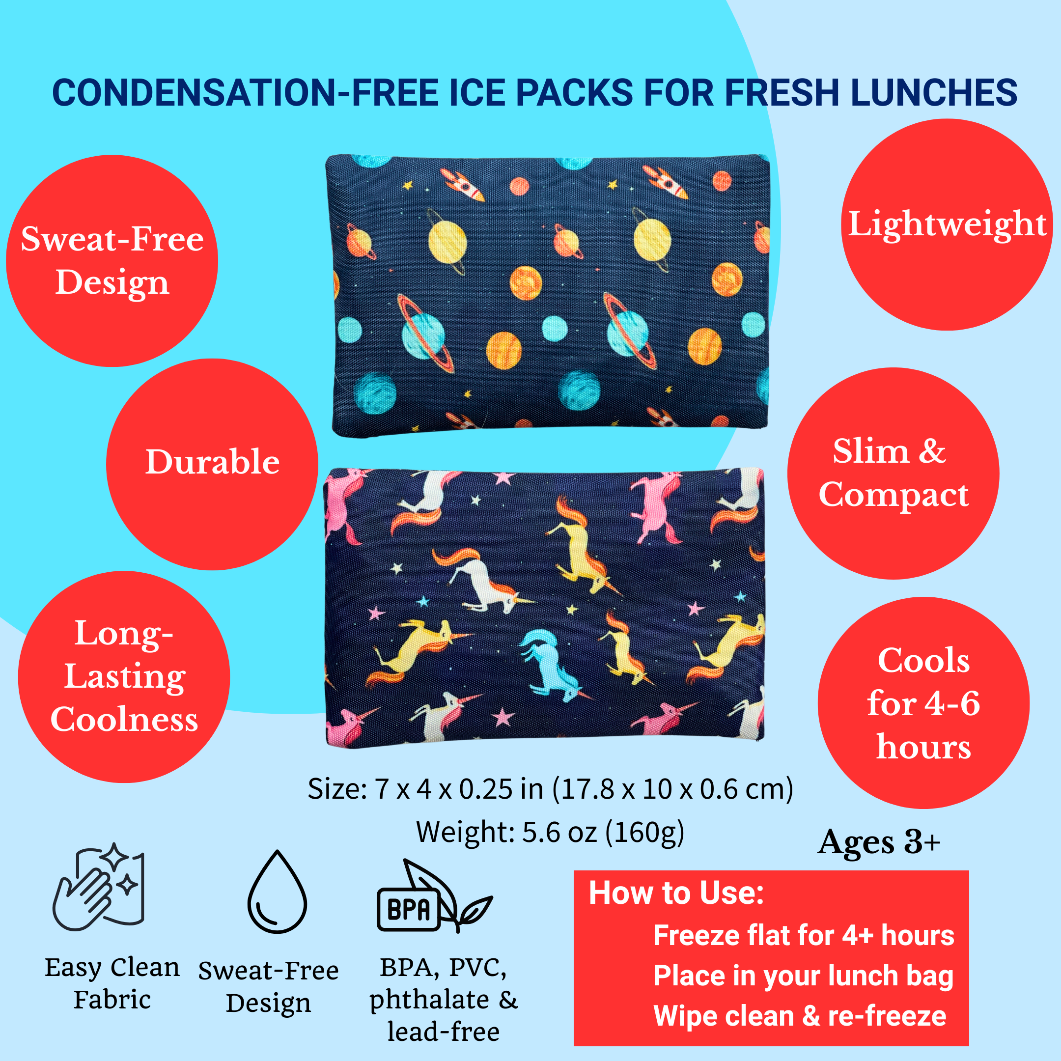 Gel Ice Packs in Fabric Sleeves 2-Pack - Space & Unicorns - 0