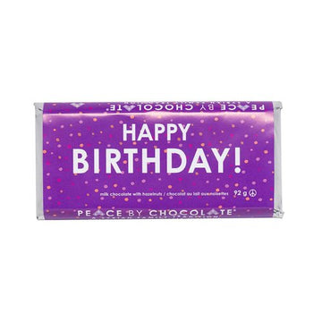 Happy Birthday Chocolate Bar (Peace by Chocolate) - Handmade Canadian milk chocolate bar with purple "Happy Birthday" gift wrapper by Peace by Chocolate.