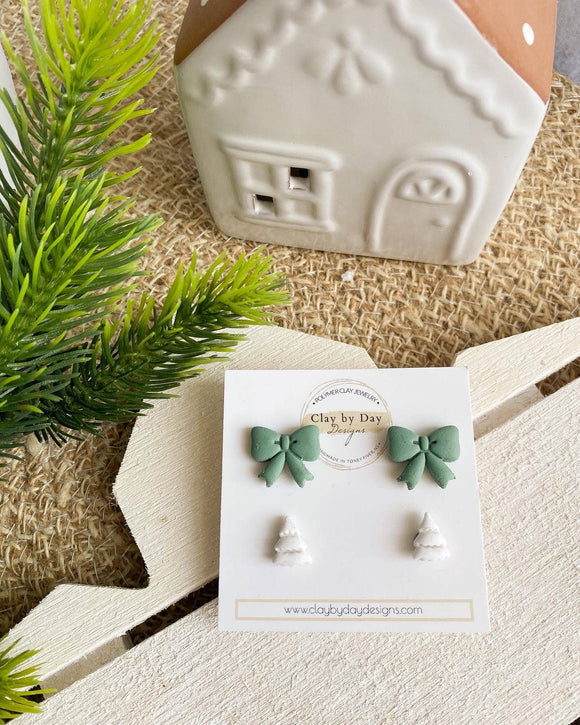 Green Bow & White Tree- Christmas/Winter Earrings
