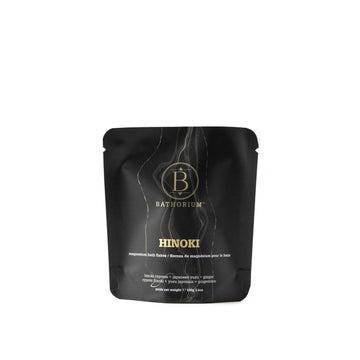 Hinoki Magnesium Flake Soak 100g (1 bath) - Black resealable pouch of Bathorium Hinoki Magnesium Flake Soak with gold lettering, handmade Canadian gift.