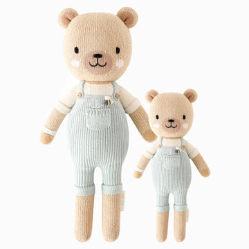 Charlie the Honey Bear - Handmade Canadian Charlie the Honey Bear dolls in soft beige with light blue overalls, unique gift for babies and kids.