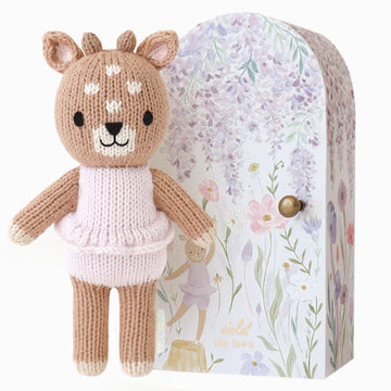 Tiny Violet the Fawn - Handmade knitted fawn doll in pink outfit with floral themed storage box, unique Canadian gift.