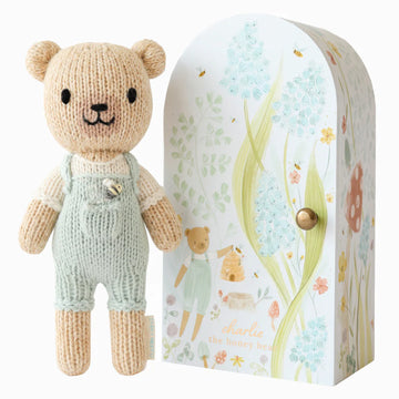 Tiny Charlie the Honey Bear - Handmade knitted honey bear in light green overalls with a floral decorative gift box, unique Canadian toy gift.