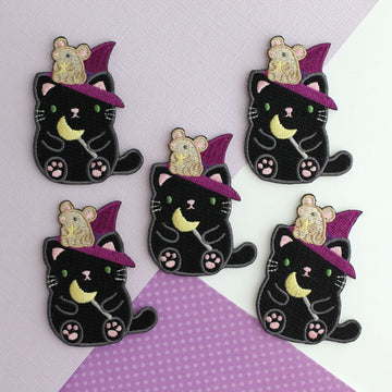 Witch Black Cat w/ Mouse Familiar Embroidered Iron on Patch - 0