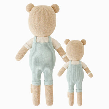Charlie the Honey Bear - Handmade Canadian Charlie the Honey Bear plush toys in soft beige with blue knitted overalls, unique baby gift.