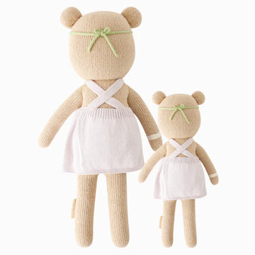 Olivia the Honey Bear - Two handmade knitted beige honey bear dolls wearing white dresses with green bows, unique Canadian gift.