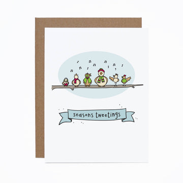 Seasons Tweetings Card - Handmade Canadian Christmas card with whimsical birds on a branch and "Seasons Tweetings" banner, unique gift design.
