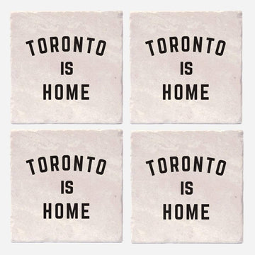 Toronto is Home Coasters - Set of four handmade stone coasters with black "Toronto is Home" text, unique Canadian gift.