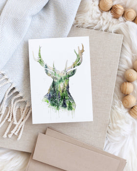 Red Tail Stag - Deer Forest Watercolor Art Card - 0