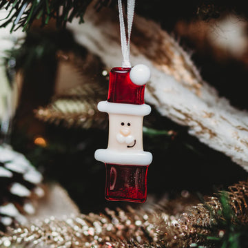 Glass Santa Claus Ornament - Handmade Canadian glass Santa Claus ornament in red and white, unique Christmas gift.