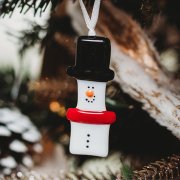 Glass Snowman Ornament - Handmade Canadian glass snowman ornament with black hat and red scarf, unique gift idea.