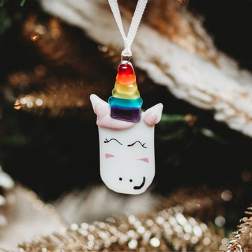 Unicorn Glass Ornament - Handmade Canadian glass unicorn ornament with rainbow horn, perfect unique gift for Christmas.
