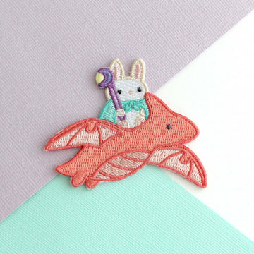 Bunny Mage Riding Dragon Embroidered Iron-On Patch