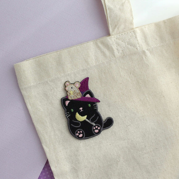 Witch Black Cat w/ Mouse Familiar Embroidered Iron on Patch