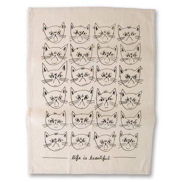 Snitty Kitty "Life is Beautiful" Tea Towel - Natural cotton tea towel with black cat faces and "life is beautiful" text, unique Canadian handmade gift.