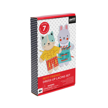 Petit Friends Dress-Up Lacing Set - Petit Collage handmade Canadian dress-up lacing game with cute cat and bunny characters, unique gift for kids aged 2-4 years.