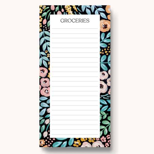 Black Floral Magnetic Grocery List Notepad