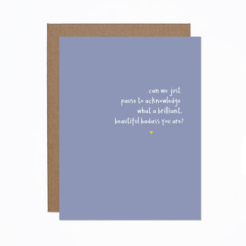 Beautiful Badass Card - Blue greeting card with white handwritten text and a small yellow dot, paired with a brown kraft envelope.