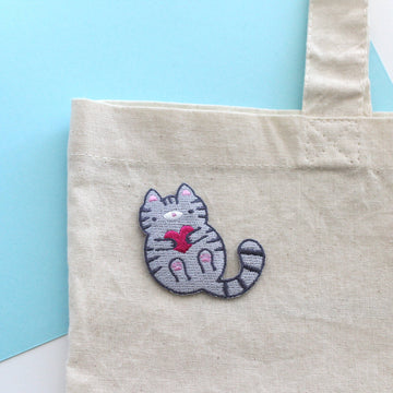 Grey Tabby Cat Embroidered Iron On Patch - 0