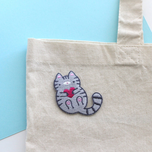 Grey Tabby Cat Embroidered Iron On Patch