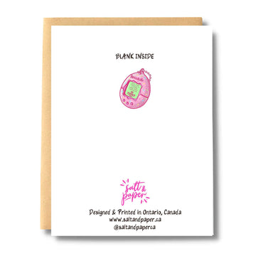All The Things You Loved Are Now Vintage Timeagotchu Card - White greeting card with pink vintage Tamagotchi illustration, handmade Canadian gift with brown envelope.
