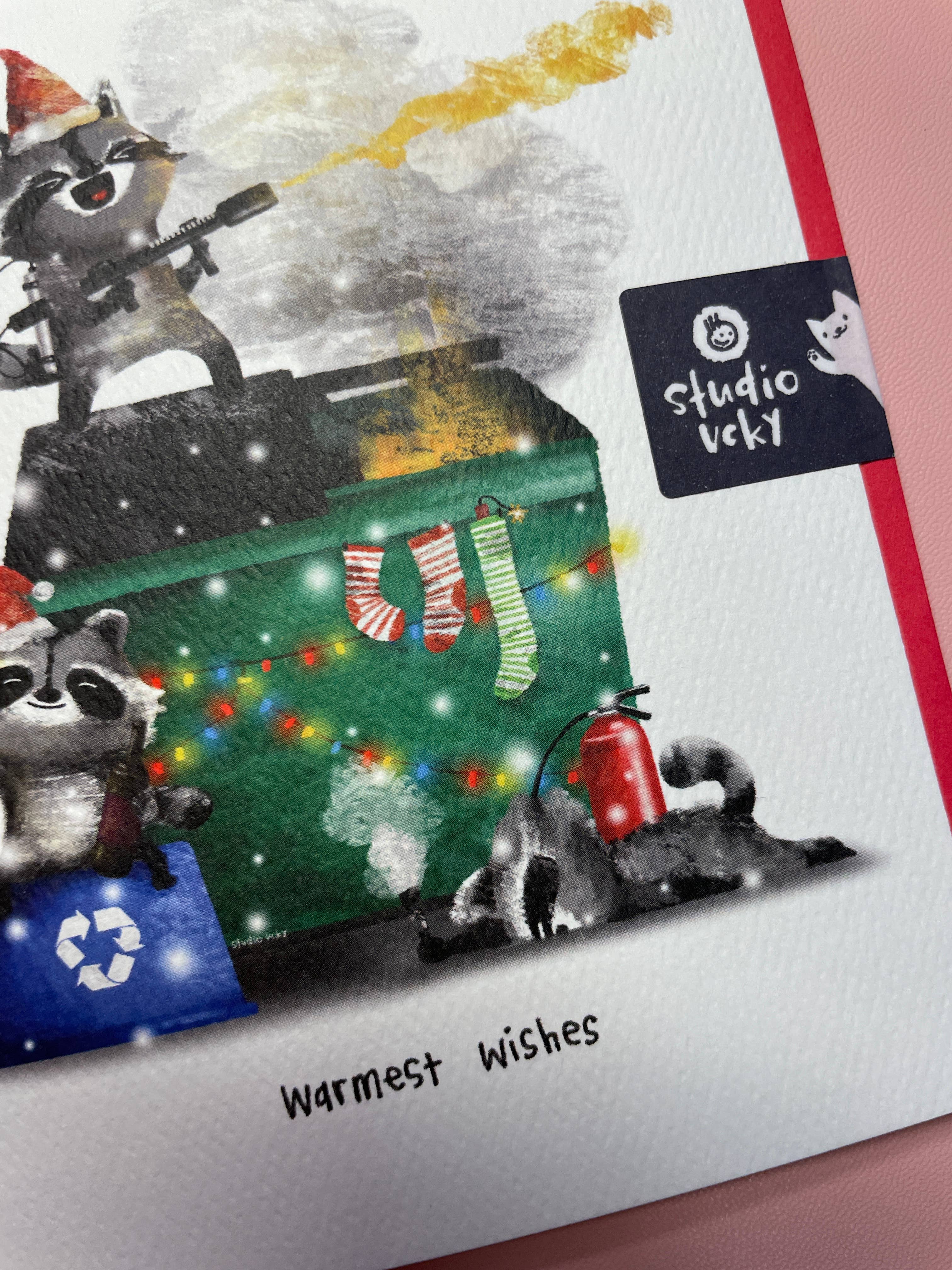 Greeting Card - Holiday Warmest Wishes Racoons