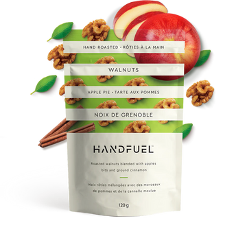 Handfuel Apple Pie Walnuts (120g) - Handfuel handmade Canadian walnuts with apple pie spices in white resealable pouch, unique gift.