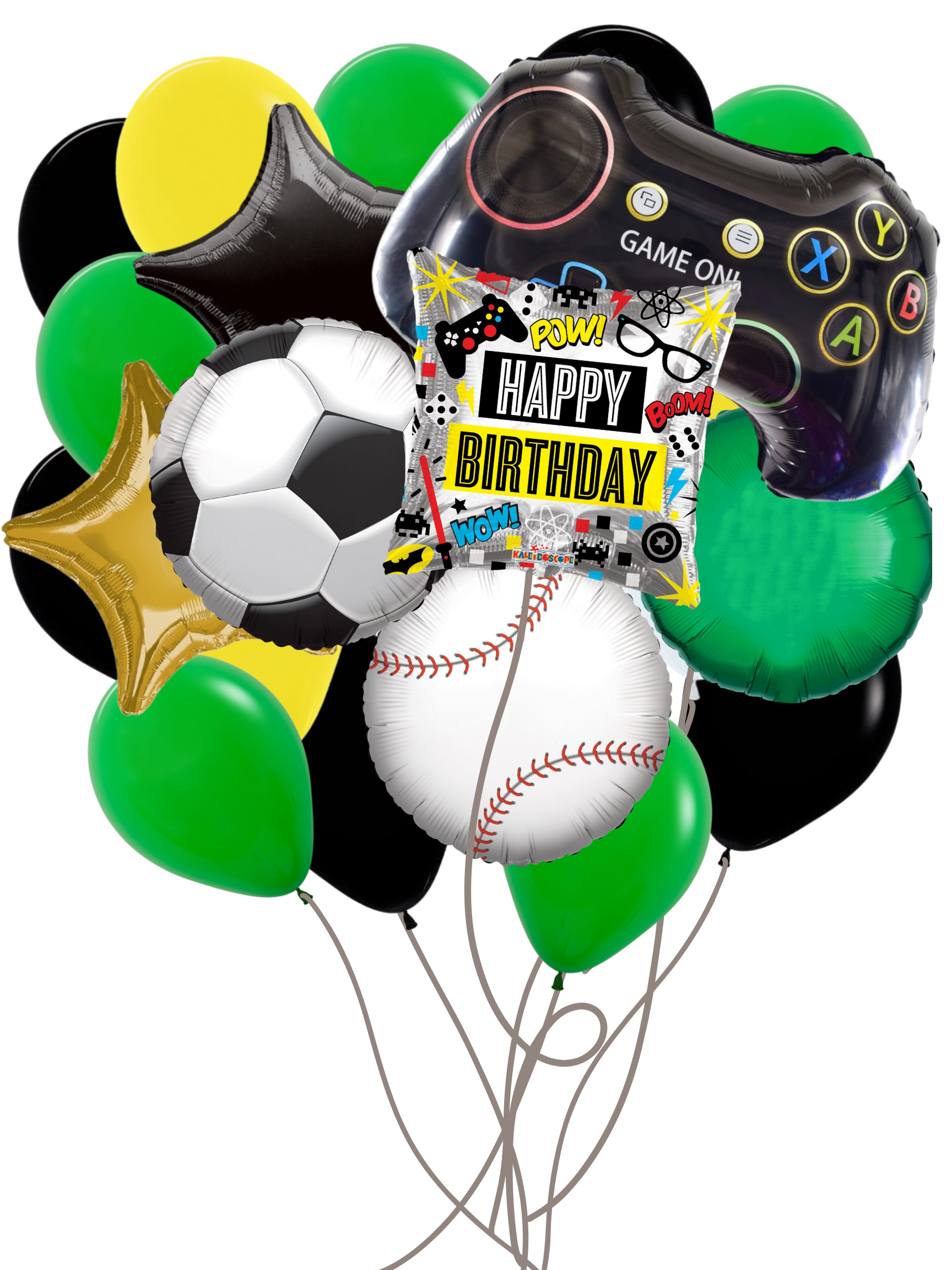 Build a Custom Helium Balloon Bouquet - Colorful helium balloon bouquet with soccer ball, baseball, star, game controller, and green, yellow, black balloons.