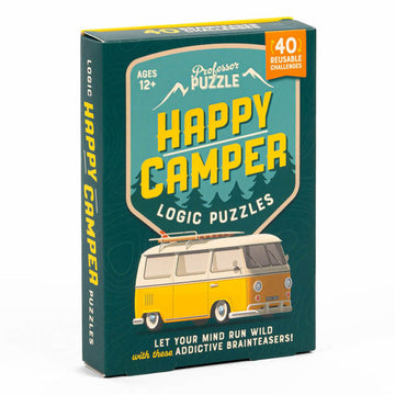 Happy Camper Logic Puzzles - Happy Camper Logic Puzzles game box with yellow campervan illustration, unique handmade Canadian gift.