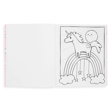 Enchanting Unicorns Colouring Book - Open Enchanting Unicorns Colouring Book showing a black-and-white unicorn on a rainbow with stars and clouds, handmade.