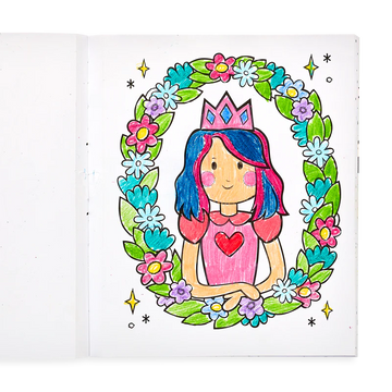Princesses & Fairies Colouring Book - Open coloring book page featuring a hand-colored princess with pink dress, blue hair, and a flower wreath frame.