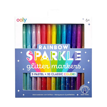 Rainbow Sparkle Glitter Markers - Set of 15 - Set of 15 rainbow sparkle glitter markers in vibrant colors, handmade Canadian gift with pastel and classic shades.