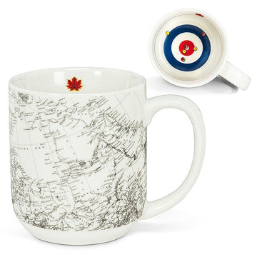 Curling Mug - White ceramic mug with a detailed Canadian map design and a red maple leaf inside, unique handmade gift.