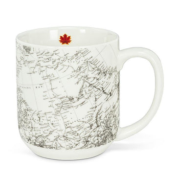 Curling Mug - White ceramic mug with detailed black map design and red maple leaf inside, unique Canadian handmade gift.