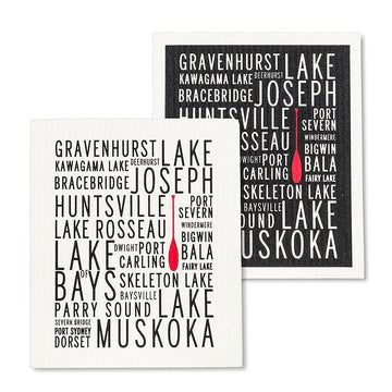 Muskoka Lakes Dishcloths Set of 2 - Set of two handmade Canadian dishcloths with black and white Muskoka-themed word art, perfect unique gift.