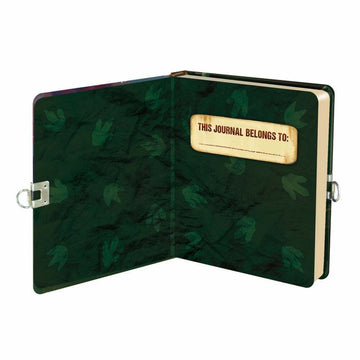 Lock & Key Diary: Dinosaur - Handmade Canadian lock & key diary with dark green dinosaur print and personalized nameplate, unique gift for kids.