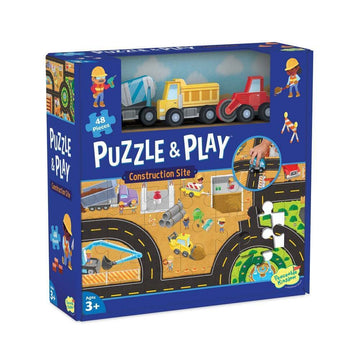 Puzzle And Play: Construction Site - Puzzle & Play Construction Site kids game box with colorful vehicle illustrations handmade Canadian gift.