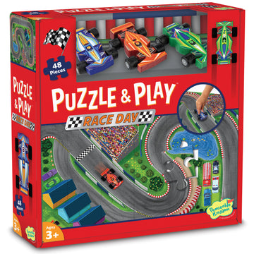 Puzzle And Play: Race Day - Colorful Race Day puzzle box featuring handmade Canadian game with race cars, ideal unique gift for kids ages 3+.